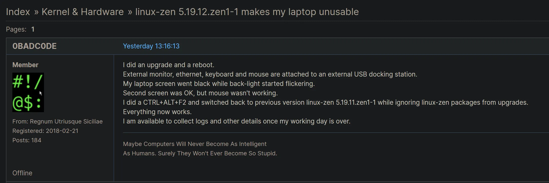 Arch Linux forum search results for kernel black screen